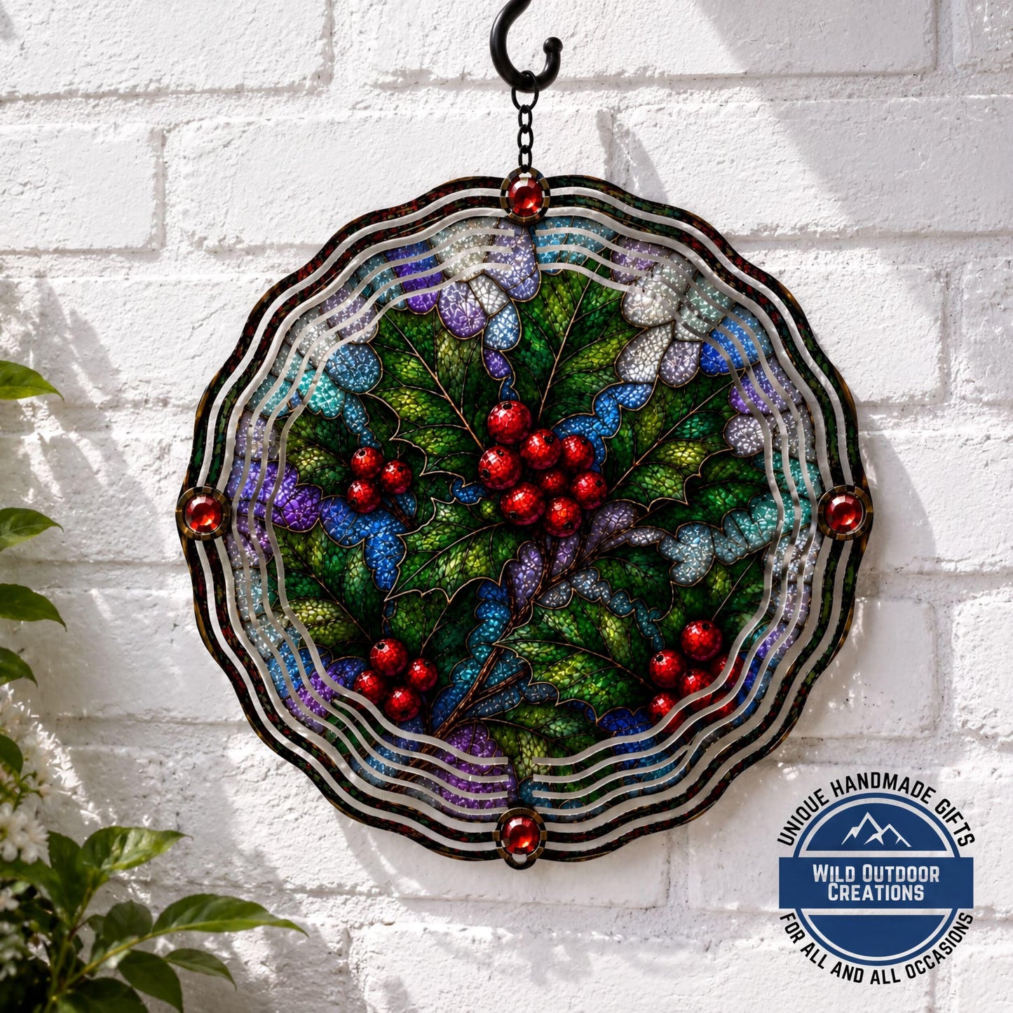 December Birth Flower Wind Spinner Holly Faux Stained Glass Garden Gift Yard Art