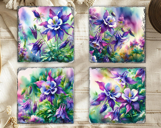 Watercolor Columbine Slate Coaster Set with Fractured Edges - Elegant Nature-Inspired Home Decor