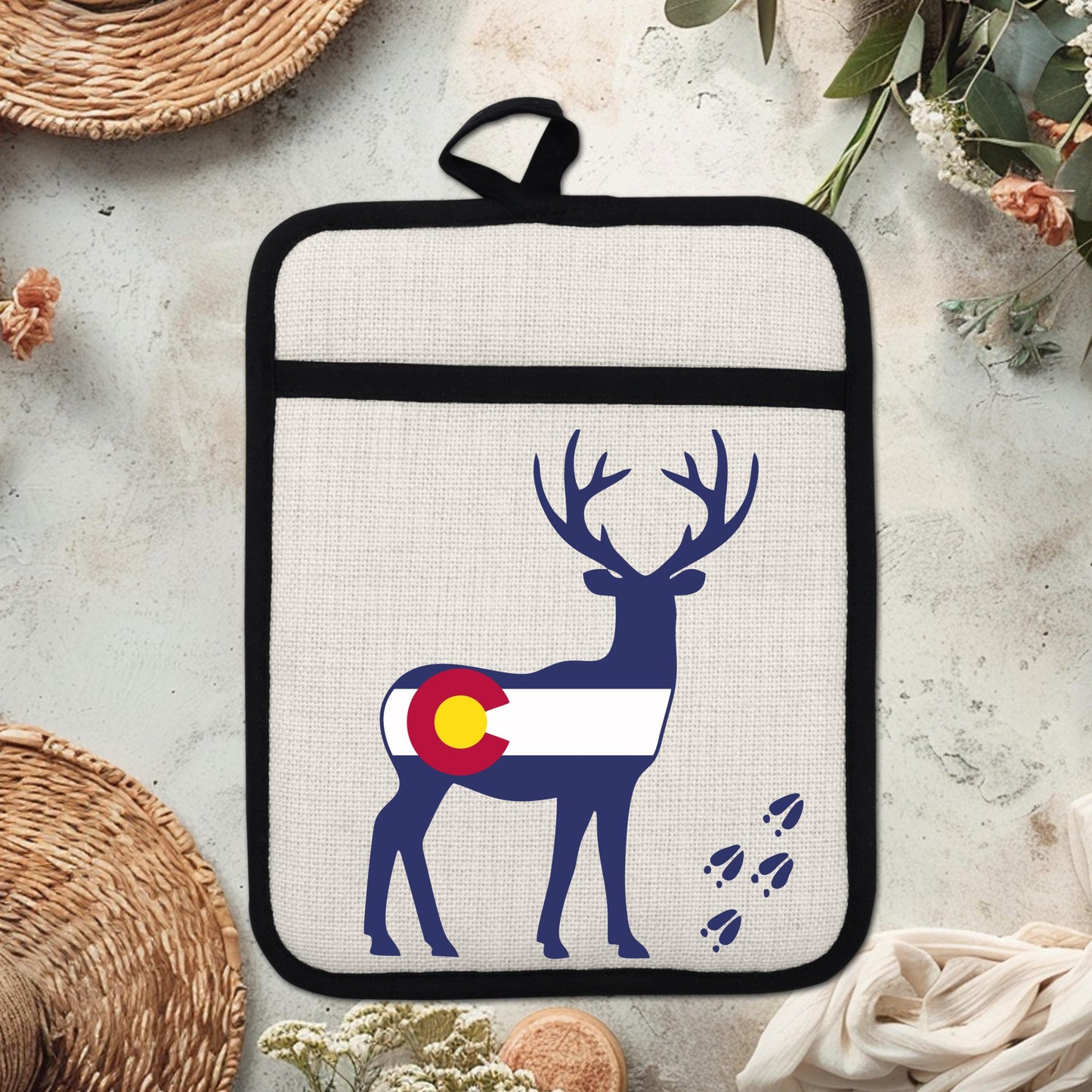 Colorado Deer Pot Holder - Linen Fabric, Silicone Back Trivet with Pocket Grip