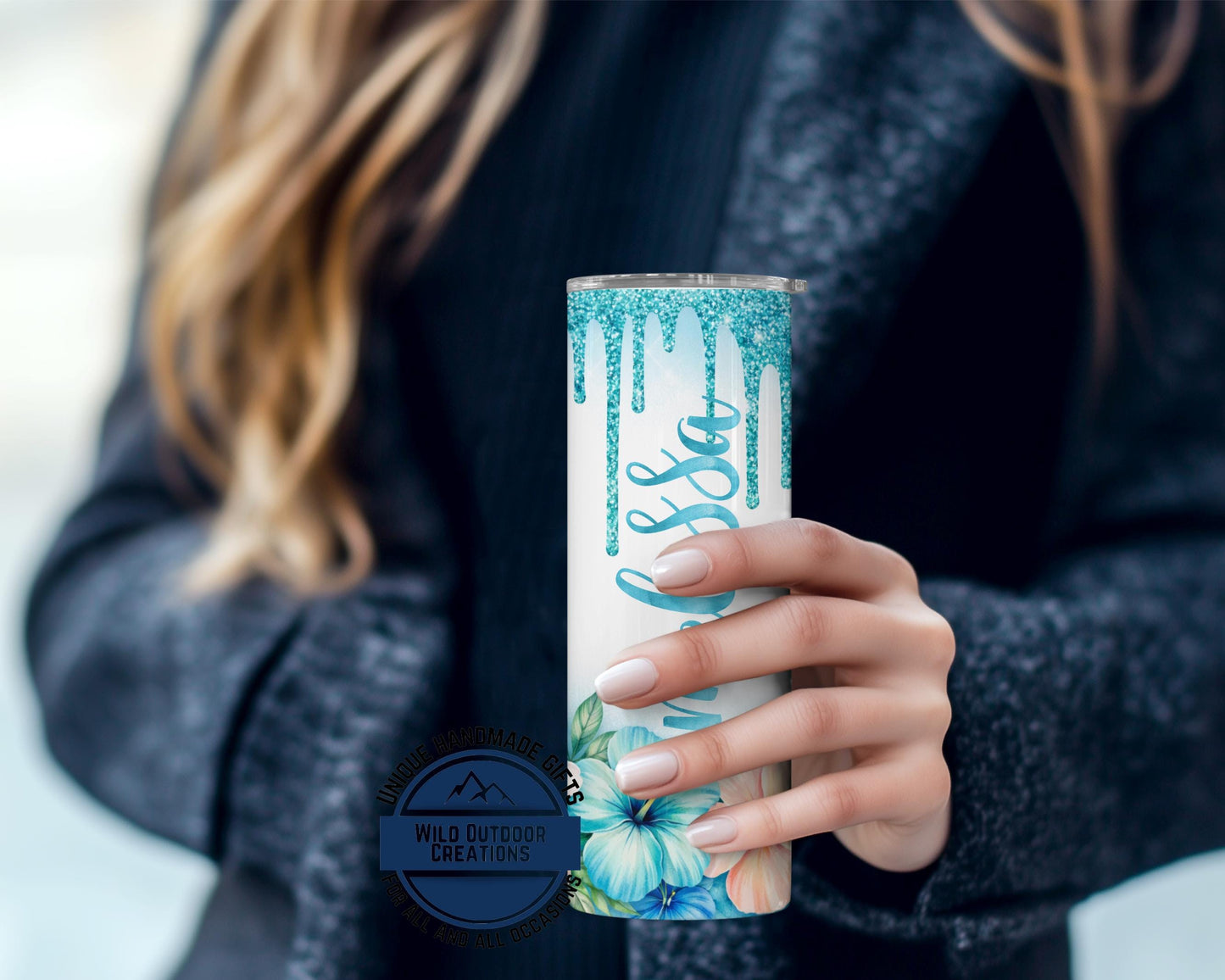 Personalized Tropical Tumbler - Double Wall Tumbler With Floral Beach Design & Glow Green