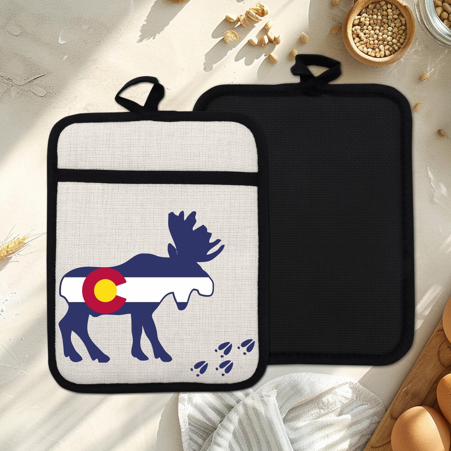 Colorado Moose Pot Holder - Heat Resistant Trivet with Silicone Back & Linen Fabric Front