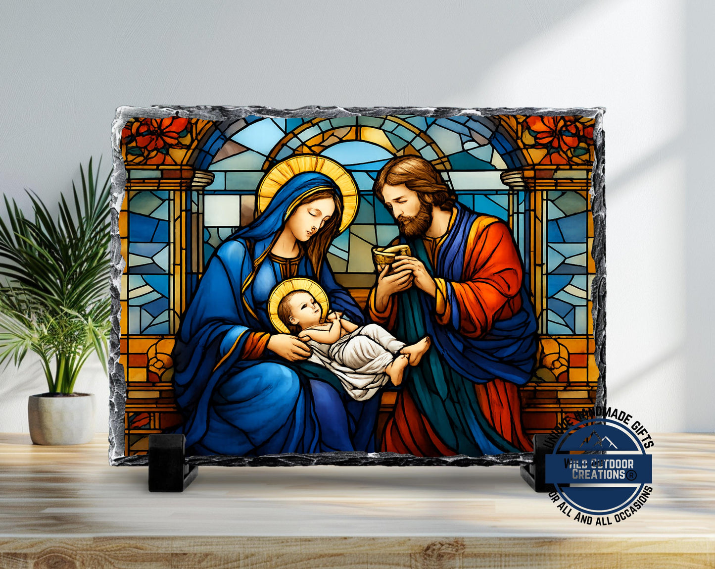 Holy Family Faux Stained Glass Slate Plaque, Mary Joseph Baby Jesus Religious Gift