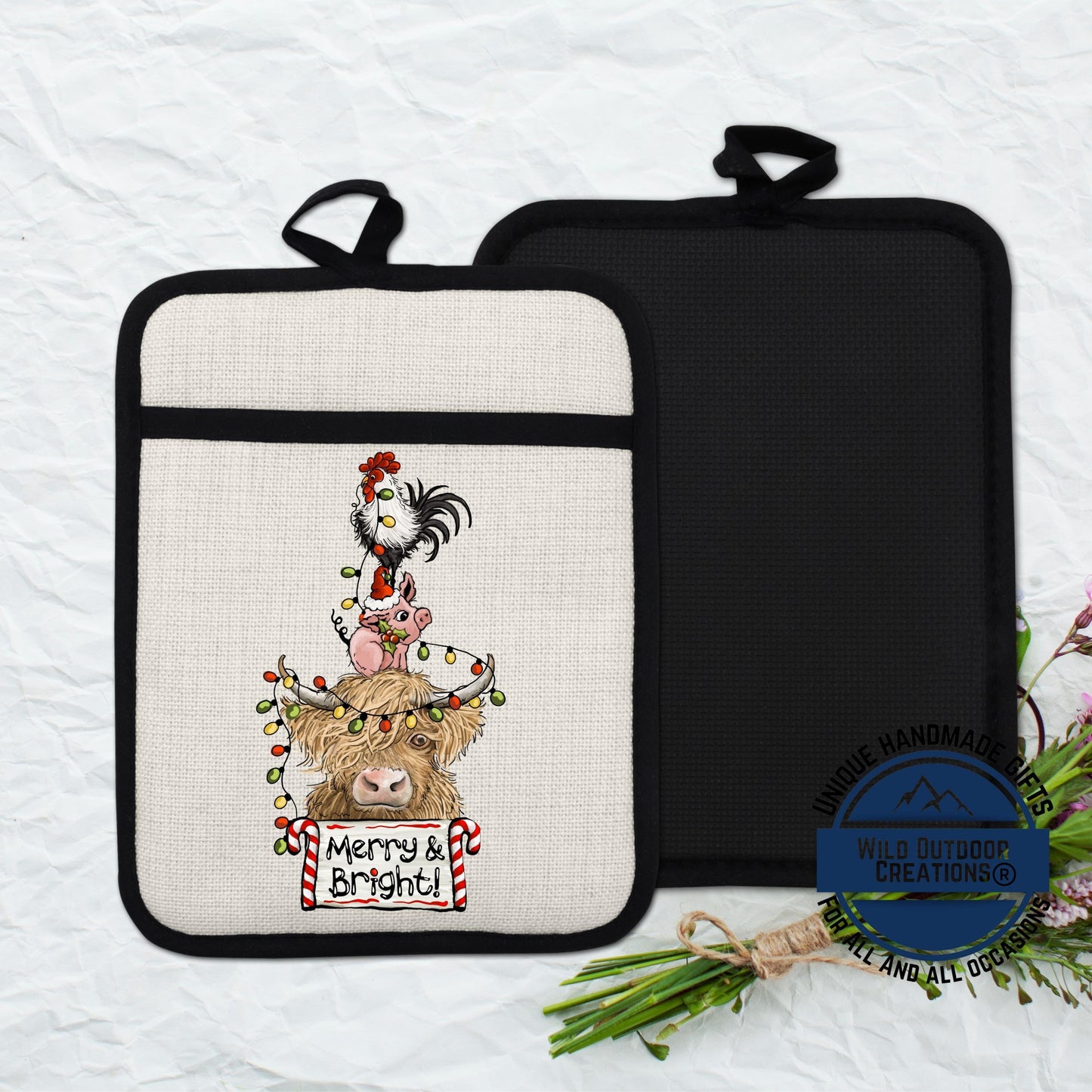 Highland Cow Pot Holder Linen Hot Pad Pig Rooster Merry Bright Kitchen Gift