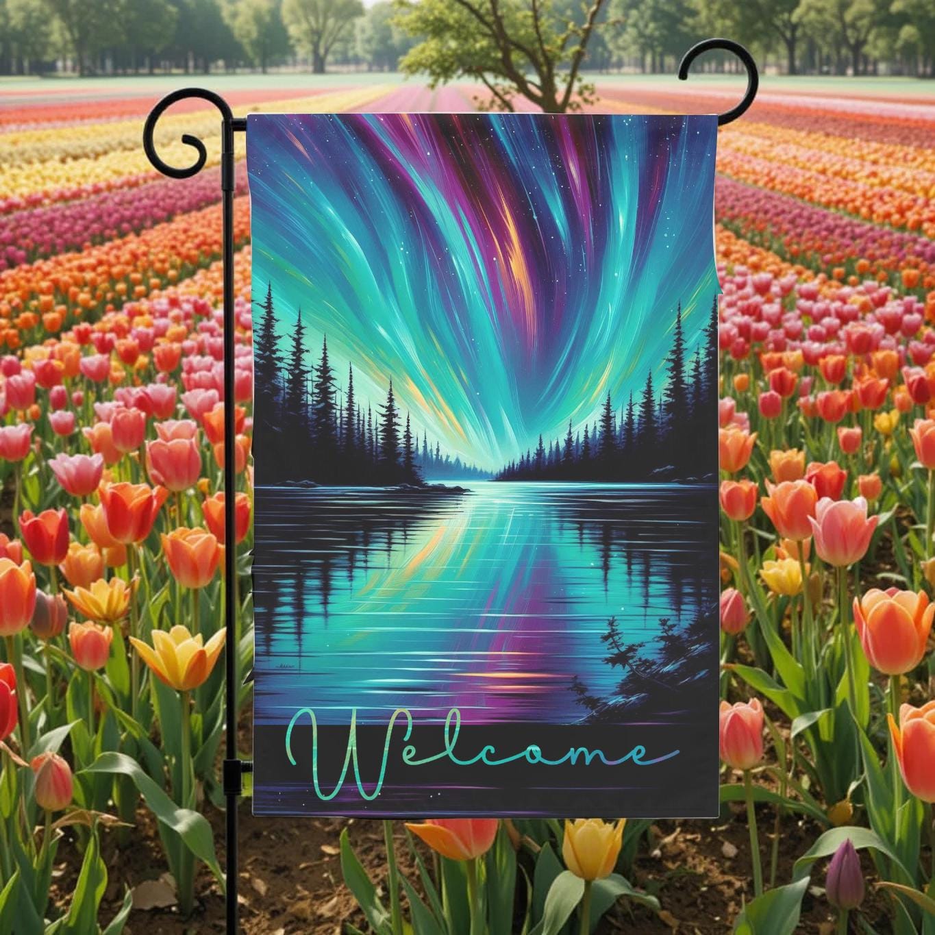 Northern Lights Garden Flag - Aurora Borealis Lake Reflection Outdoor Yard Decor - packaging and presentation