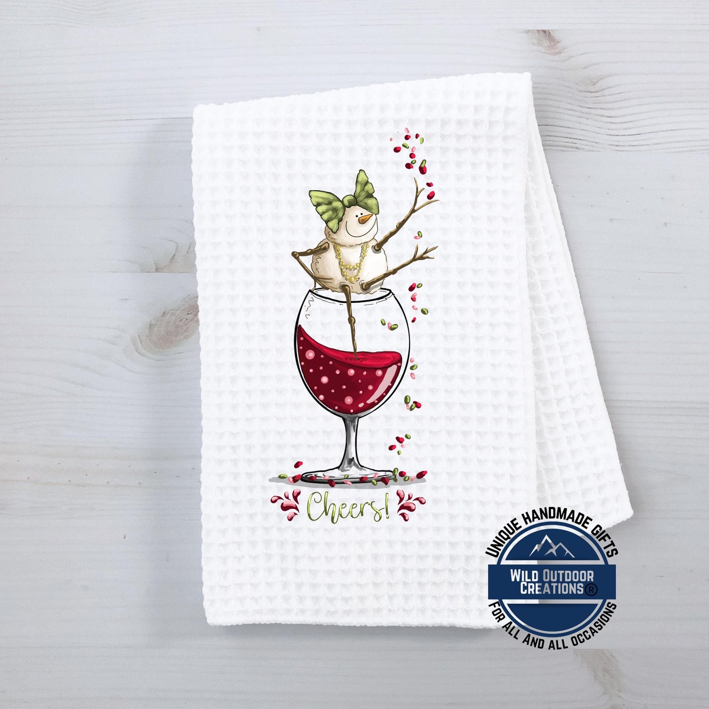Snowman Wine Glass Kitchen Towel Cheers Funny Christmas Waffle Weave Holiday Decor Gift