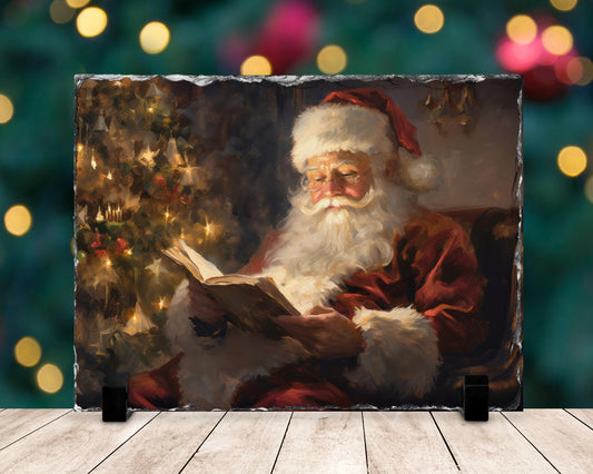 Watercolor Santa Slate Plaque - Holiday Decor with Fractured Edge  Christmas Tree Reading Scene