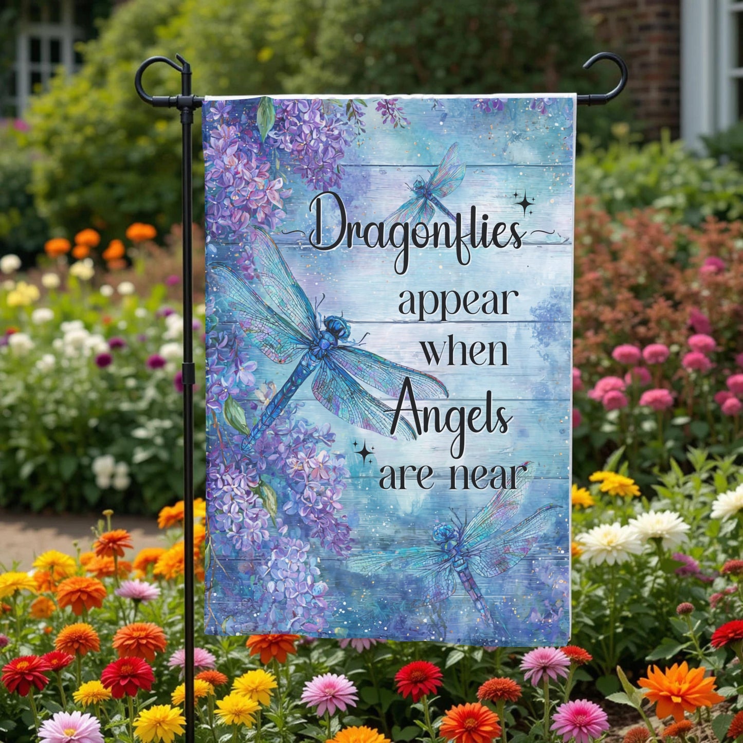 Memorial Garden Flag – Dragonfly Garden Flag with Lilac Flowers | UV Protected Polyester - front and back
