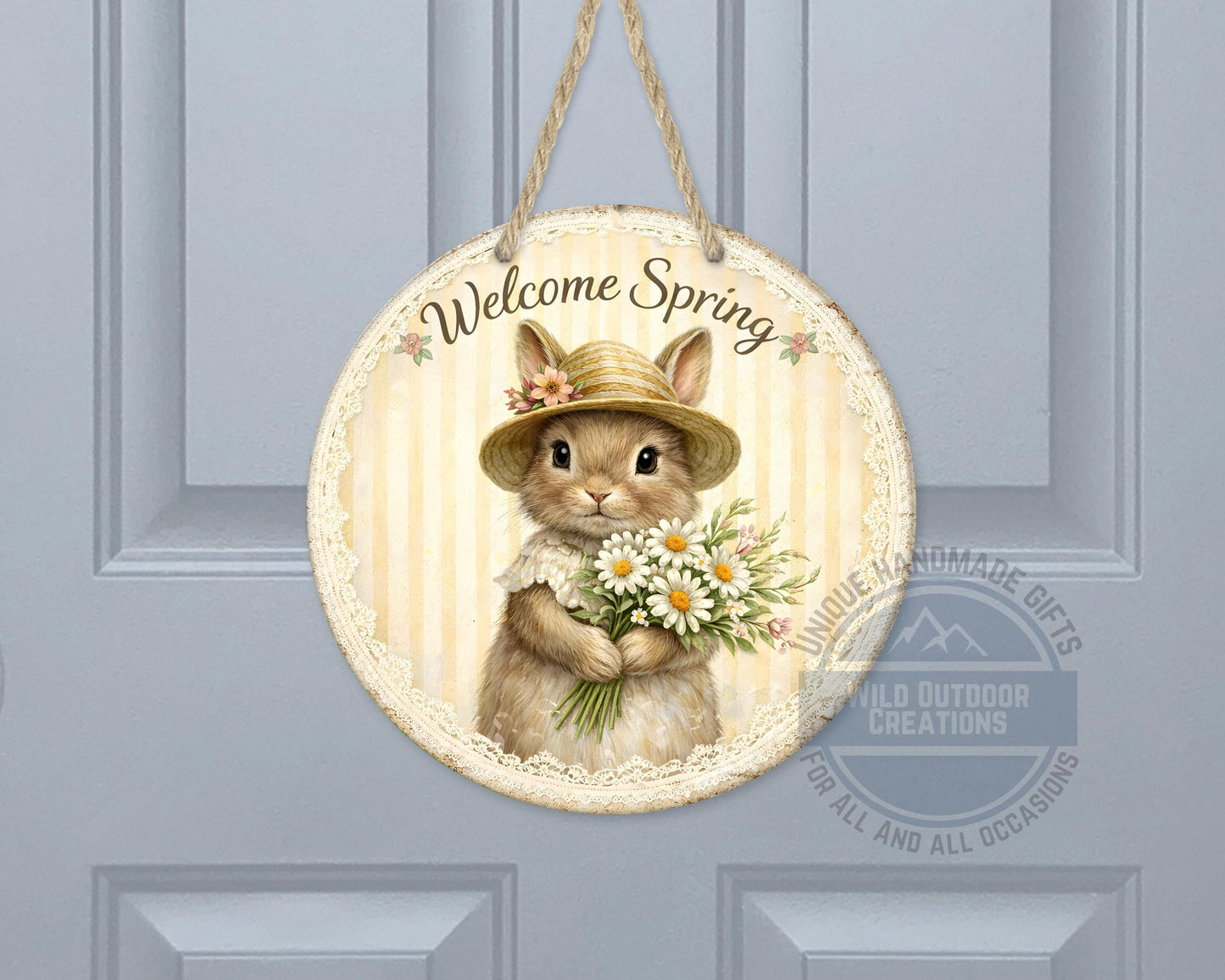 Spring Bunny Door Hanger – Floral Rabbit Wreath with Daisy Bouquet Sign
