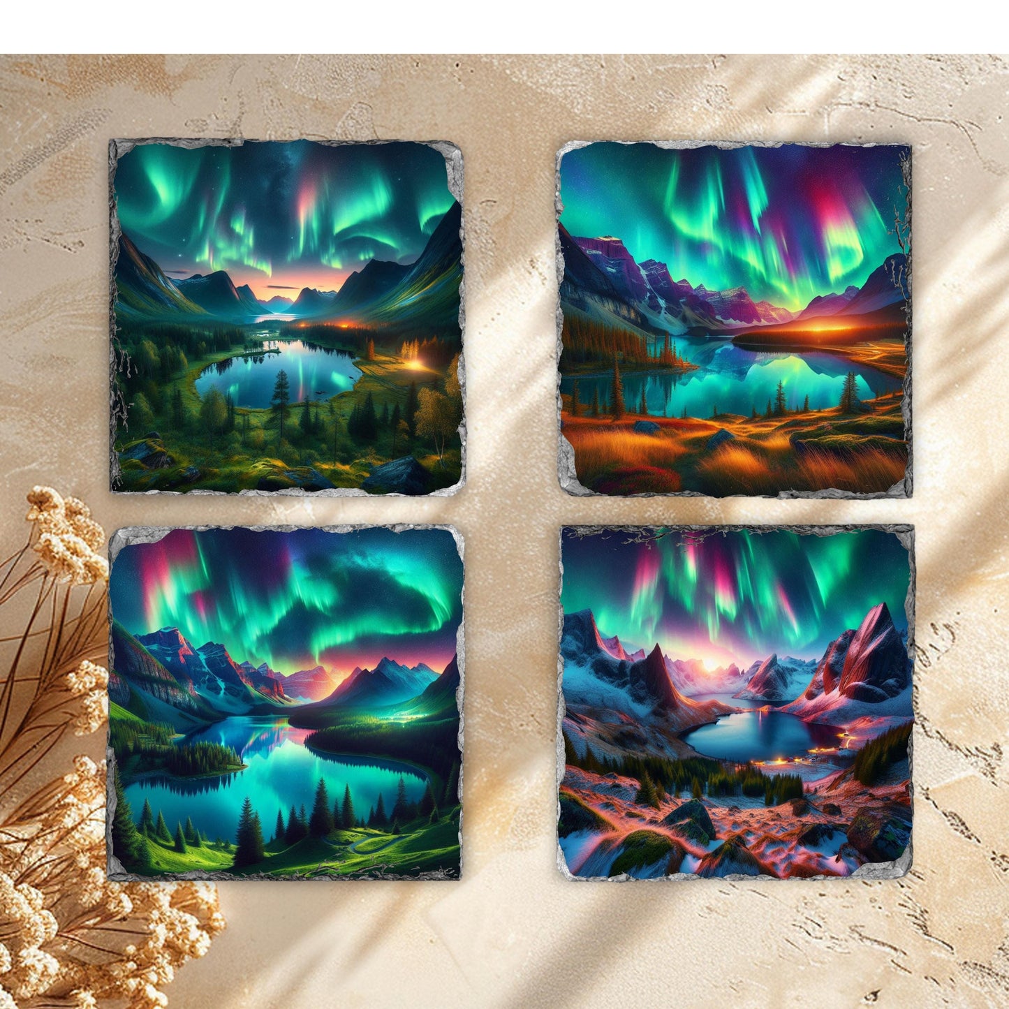 Mountain Lake Northern Lights Slate Coaster Set with Black Rack - Perfect Gift for Nature Lovers Featuring 4 Scenic Images and Fractured Edges