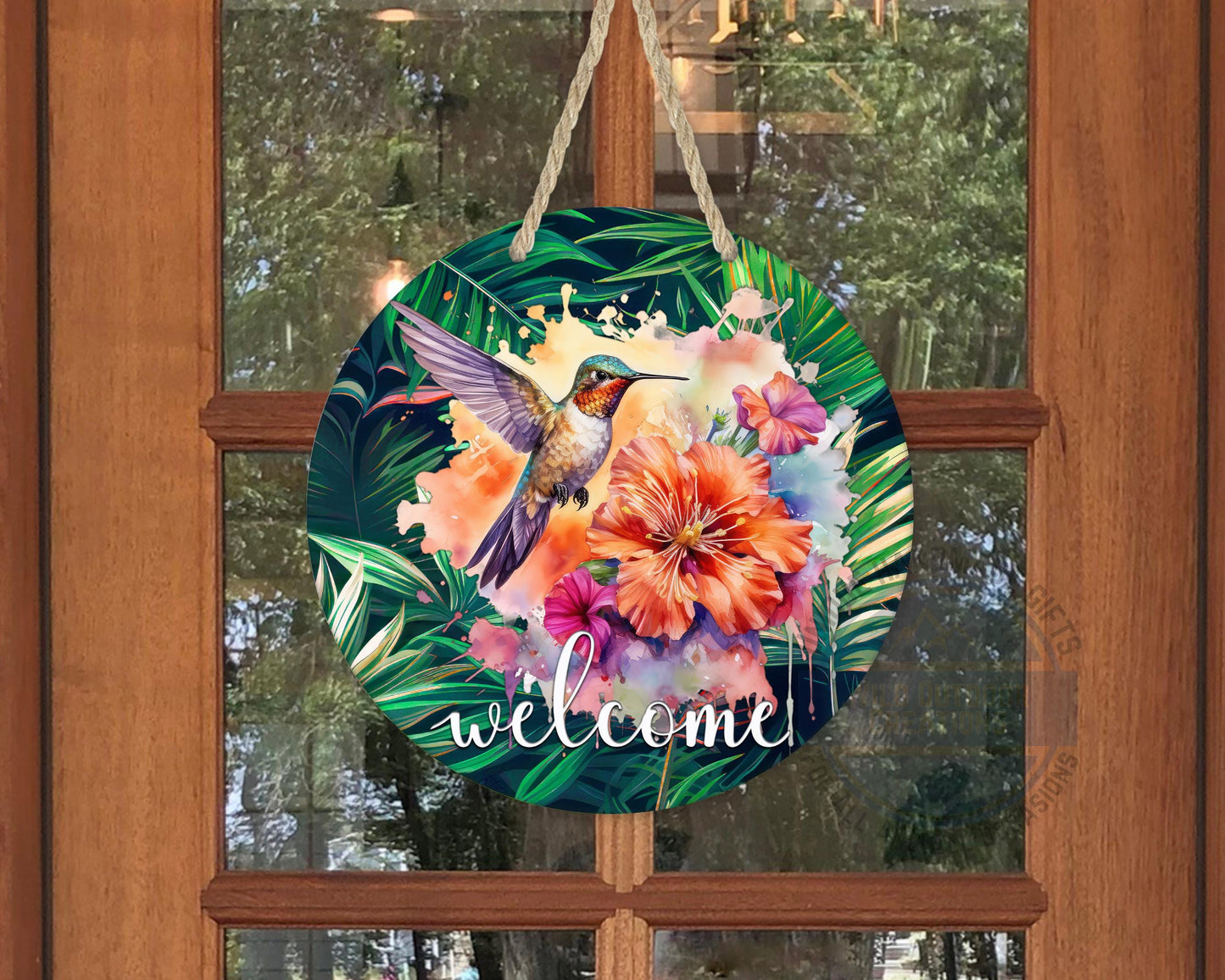 Tropical Hummingbird Door Hanger - Colorful Floral Welcome Sign with Fade Resistant Print