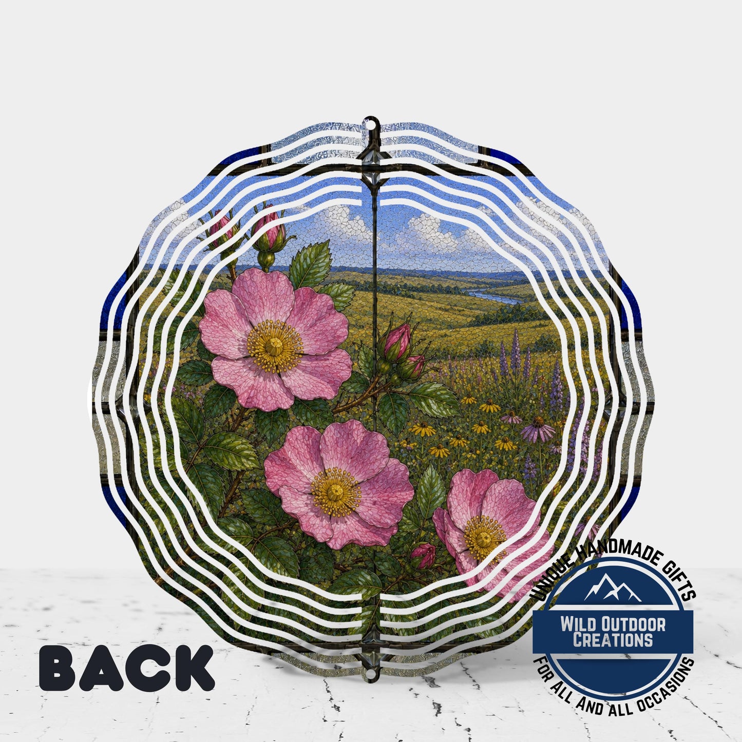 Wild Prairie Rose Wind Spinner Iowa State Flower Stained Glass Garden Aluminum Decor