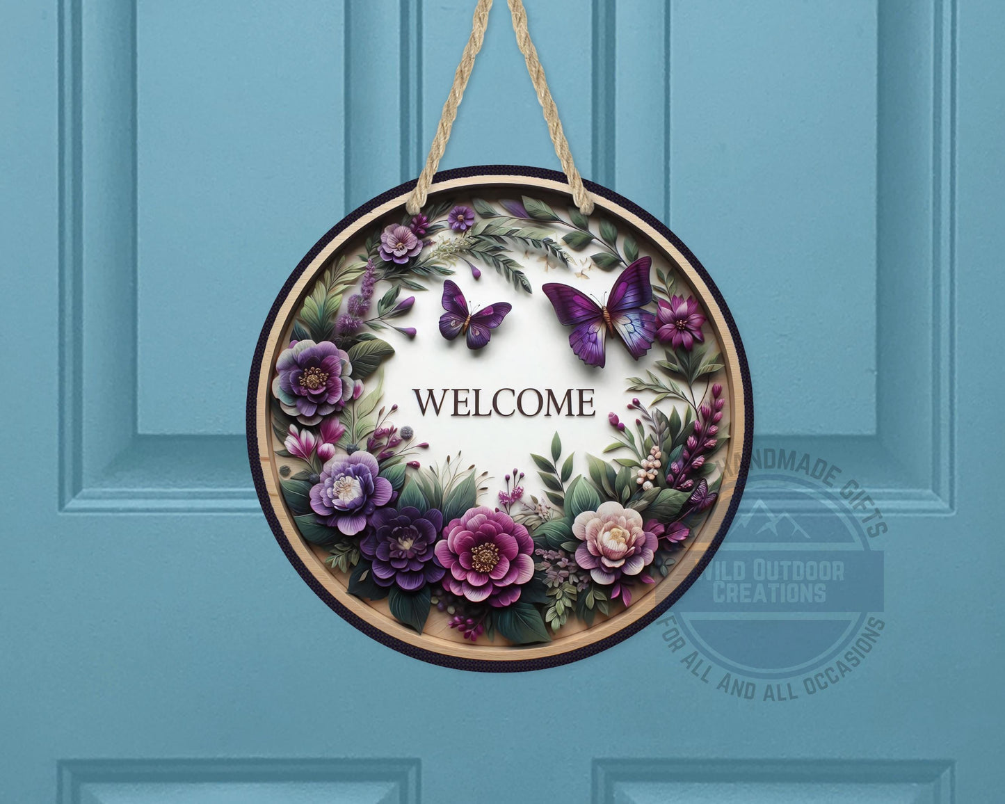 Welcome Door Hanger - Purple Floral Butterfly Porch Sign | Weather Resistant Aluminum