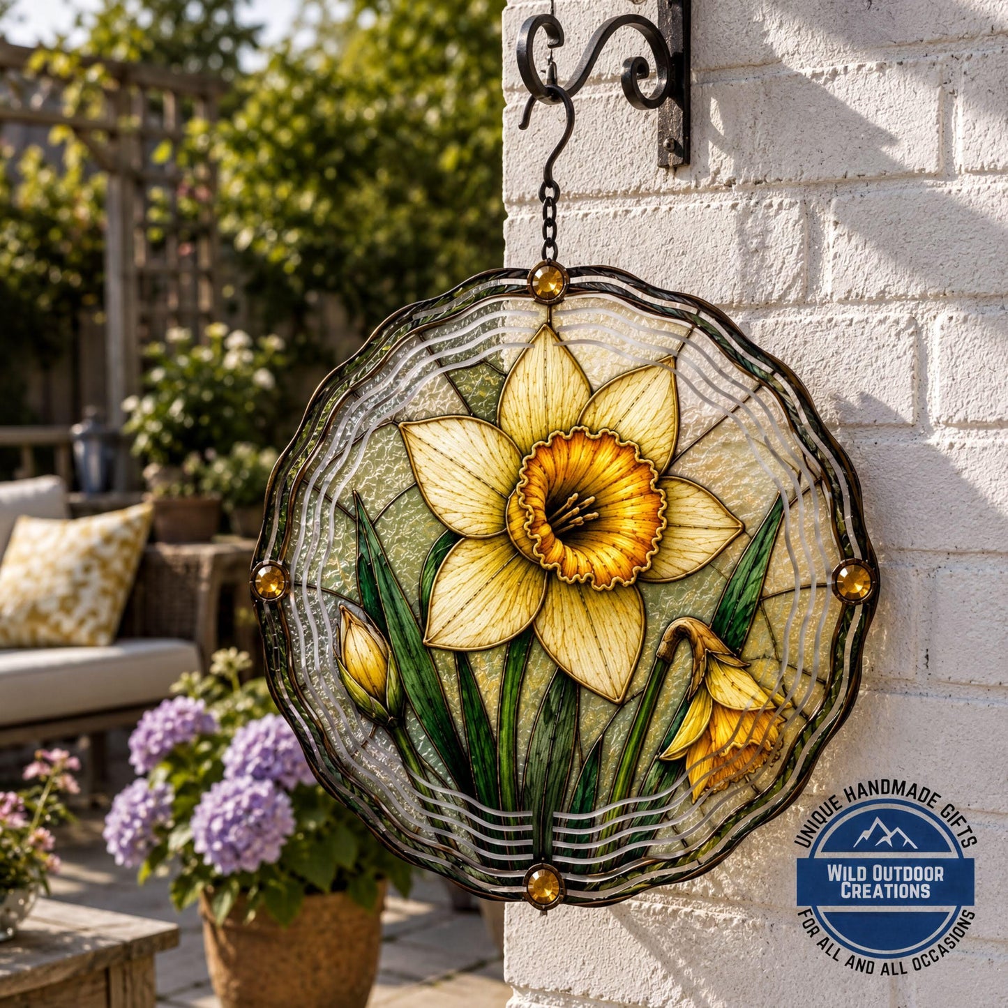 March Birth Flower Daffodil Wind Spinner 10 Inch Faux Stained Glass Metal Garden Decor