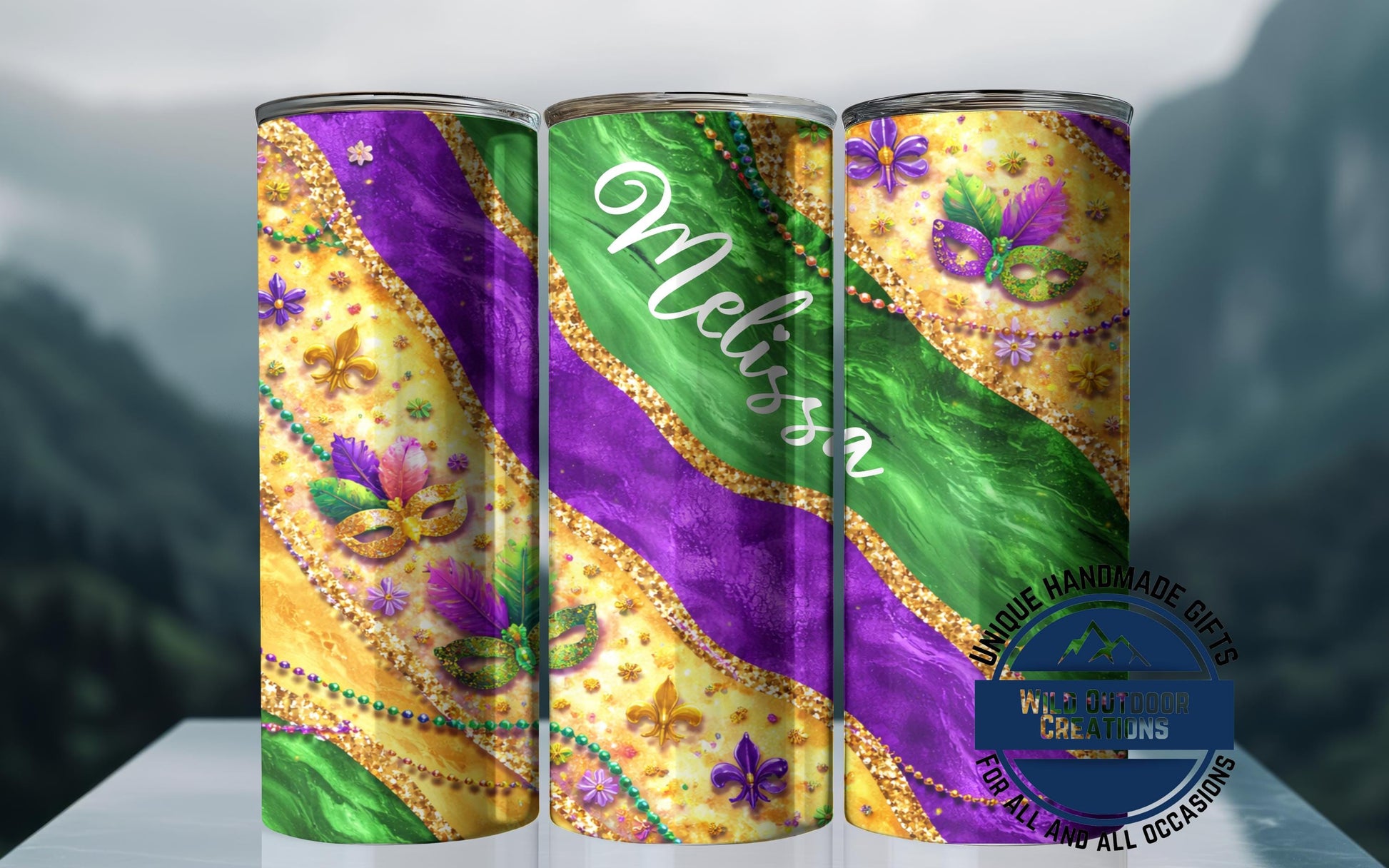 Custom Name Tumbler - Mardi Gras Mask Design | Glow in Dark Green Festival Cup - detail view of print design