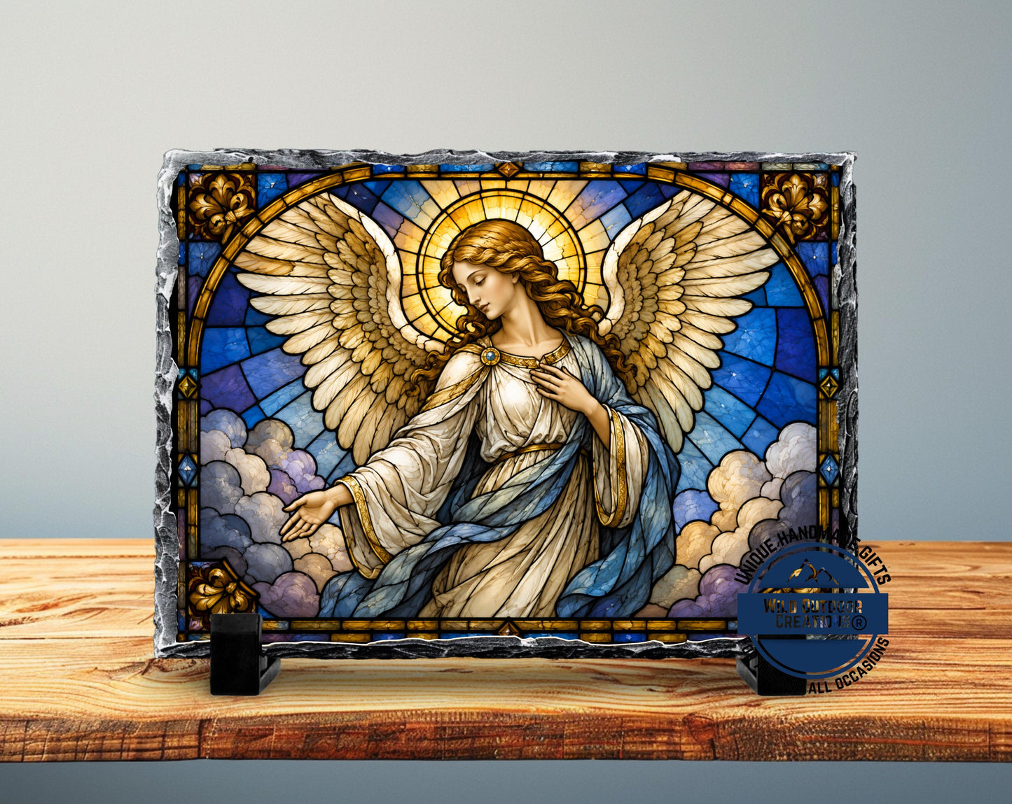 Guardian Angel Faux Stained Glass Slate Plaque, Religious Wall Decor, Christian Sympathy Gift