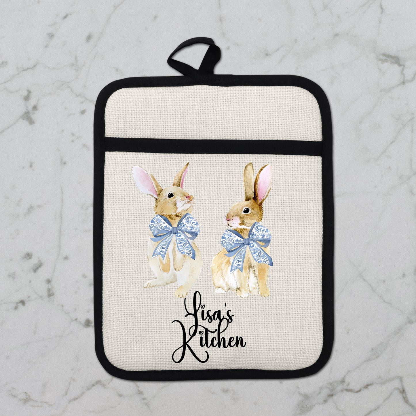 Personalized Easter Pot Holder - Custom Bunny Kitchen Gift with Chinoiserie Blue Design - additional product photo 10