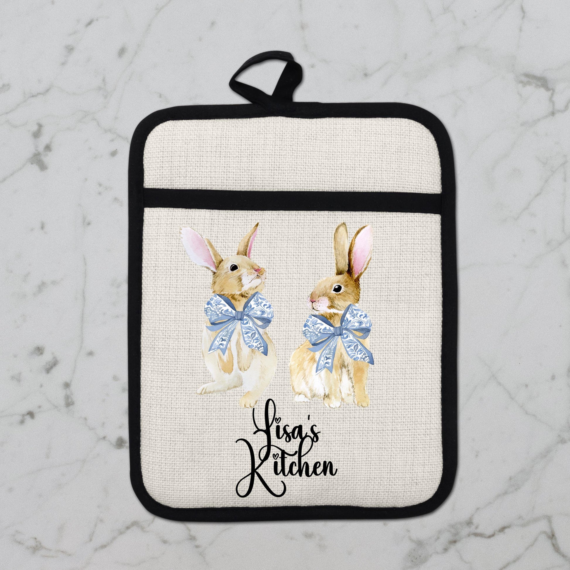 Personalized Easter Pot Holder - Custom Bunny Kitchen Gift with Chinoiserie Blue Design - additional product photo 10