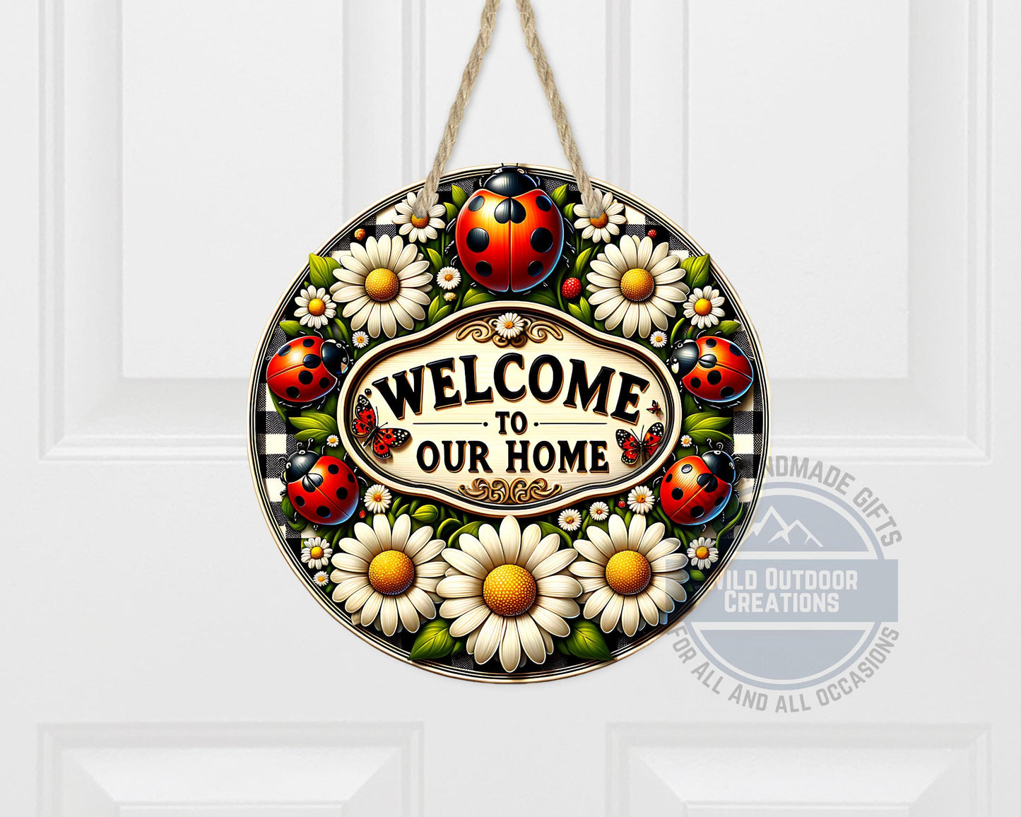 Welcome Door Hanger - Outdoor Aluminum Round Sign With Ladybug & Daisy Design