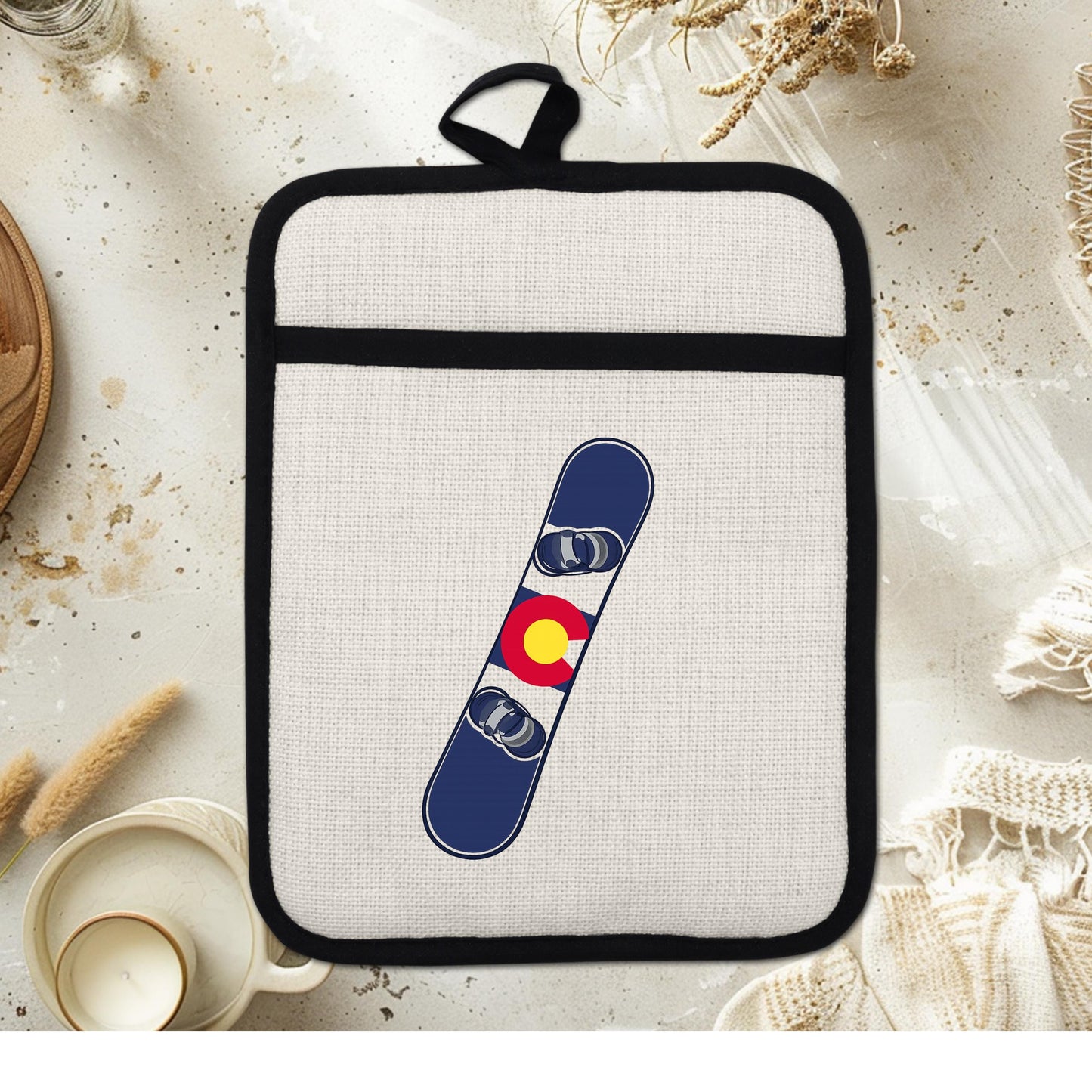 Snowboard Pot Holder - Colorado Flag Design | Linen Fabric & Silicone Backing Pad Trivet