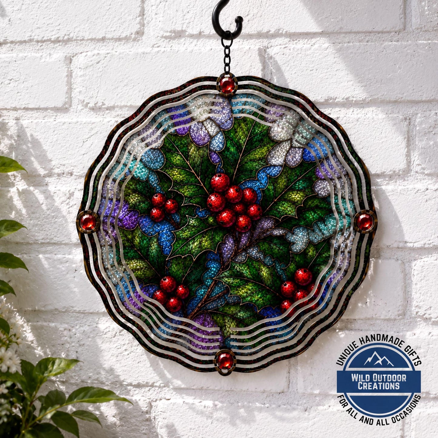December Birth Flower Wind Spinner Holly Faux Stained Glass Garden Gift Yard Art