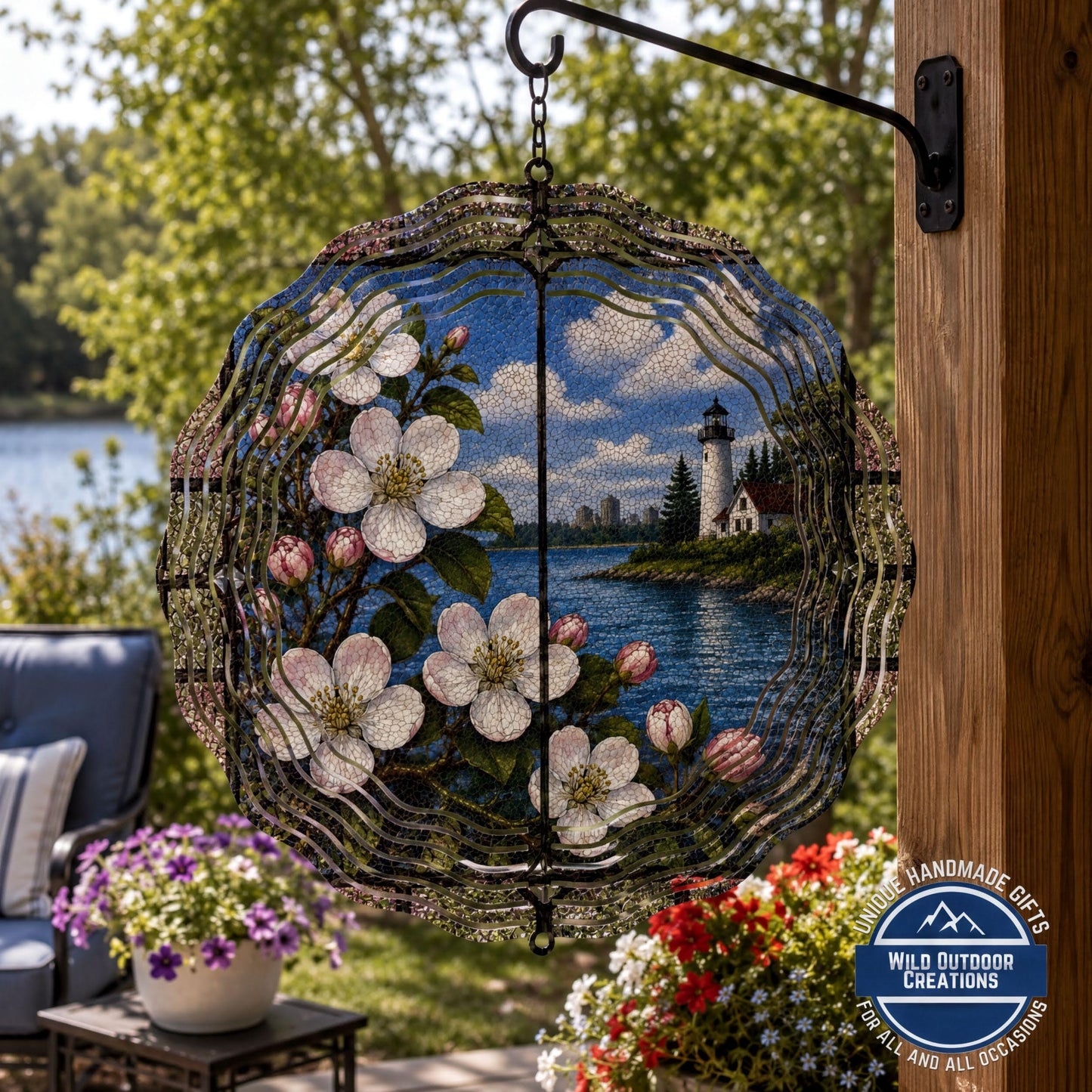 Michigan State Flower Apple Blossom Wind Spinner Stained Glass Look Lighthouse Decor 10 Inch