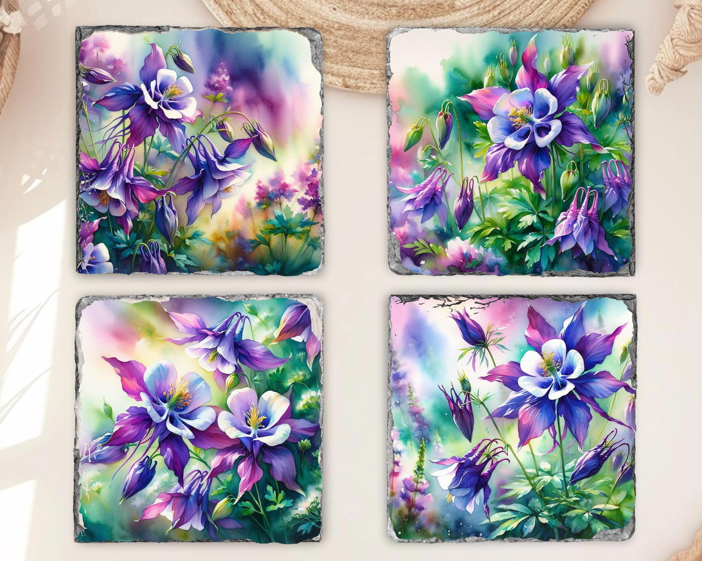Watercolor Columbine Slate Coaster Set with Fractured Edges - Elegant Nature-Inspired Home Decor