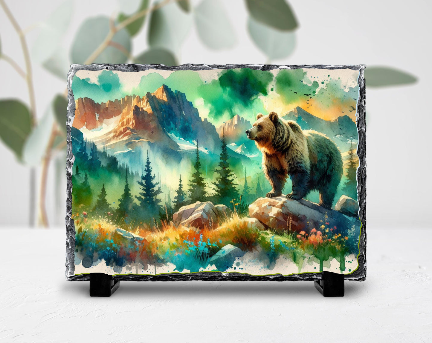 Rustic Bear Slate Plaque - Scenic River  Mountain Forest Decor Gift