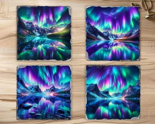 Northern Lights Slate Coaster Set with Rack - Rustic Mountain Lake Design Perfect for Holiday Gifting