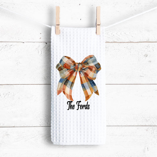 Personalized Fall Gingham Bow Waffle Weave Towel, Custom Kitchen Decor, Unique Gift for Her, Hostess Gift, Autumn Gingham Bow Towel