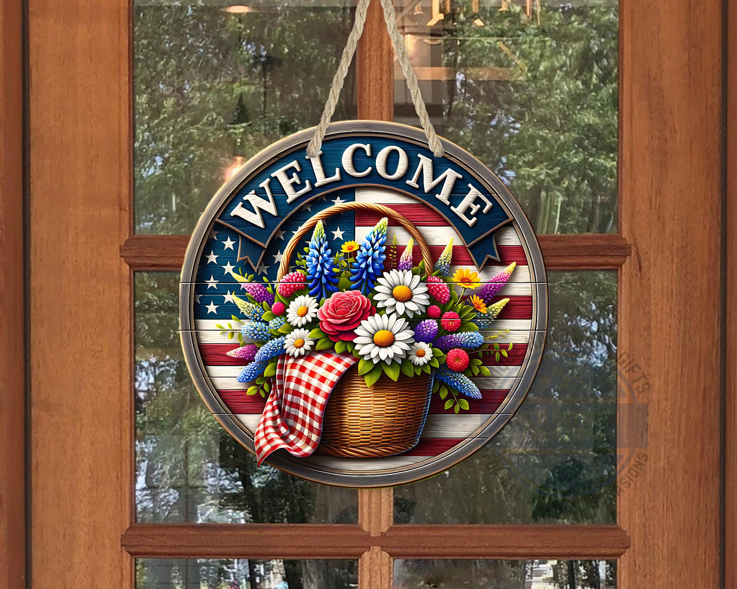 Patriotic Door Hanger - Aluminum Outdoor Sign With American Flag & Floral Basket