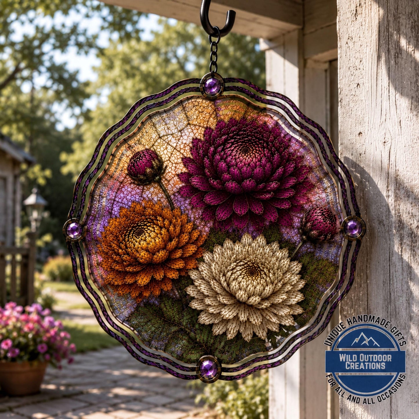 November Birth Flower Wind Spinner Chrysanthemum Faux Stained Glass Garden Gift Yard Art