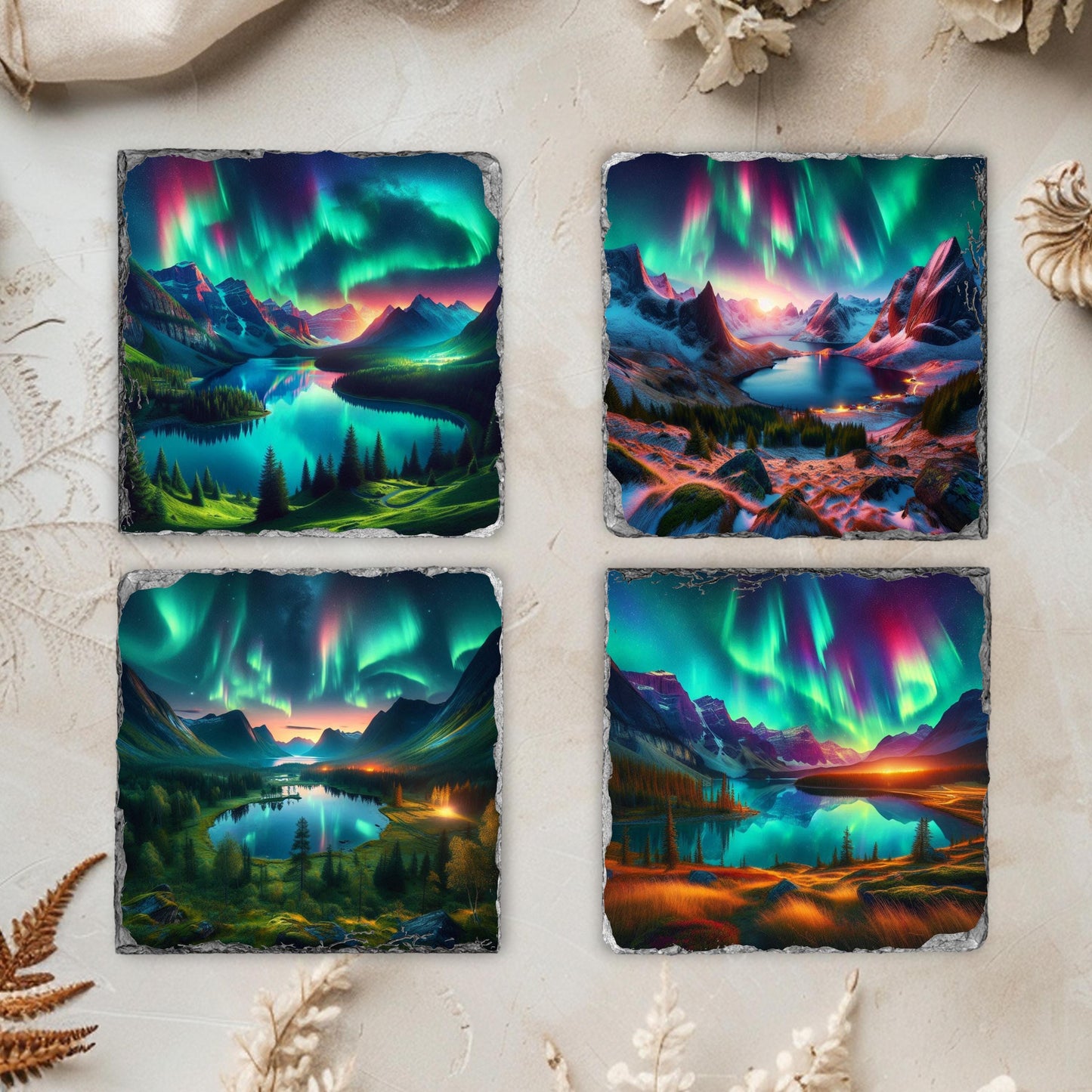 Mountain Lake Northern Lights Slate Coaster Set with Black Rack - Perfect Gift for Nature Lovers Featuring 4 Scenic Images and Fractured Edges