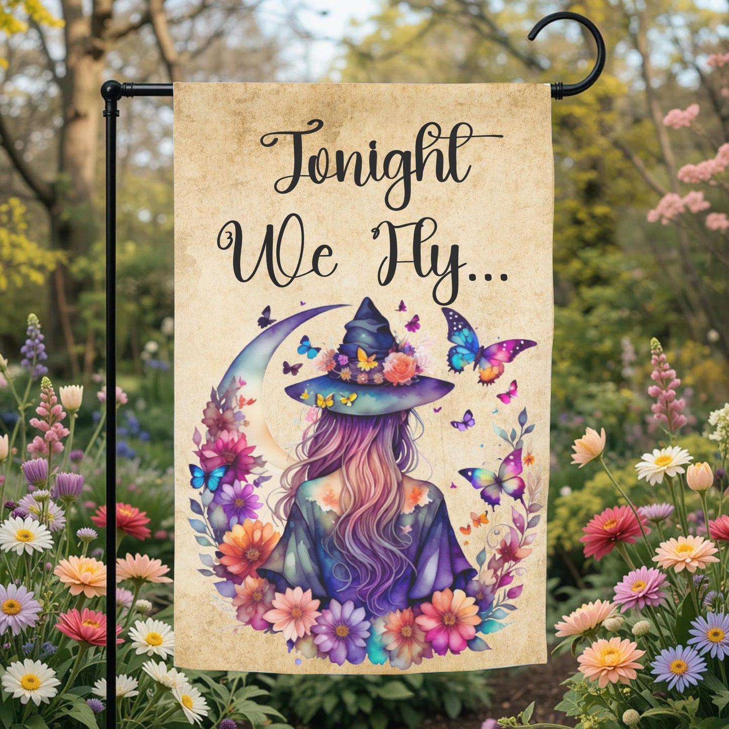 Witch Garden Flag – Floral Butterfly Moon | Boho Halloween Yard Decor 12x18 - garden display