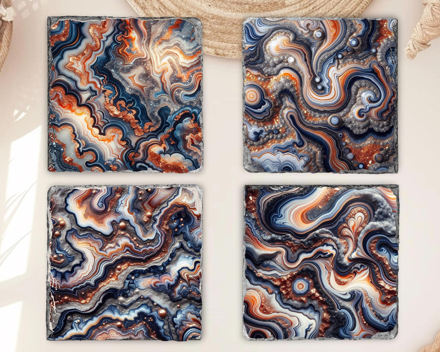 Blue Orange Silver Glitter Agate Coaster Set of 4 - Fractured Edge Boho Drinkware for Housewarming Gifts