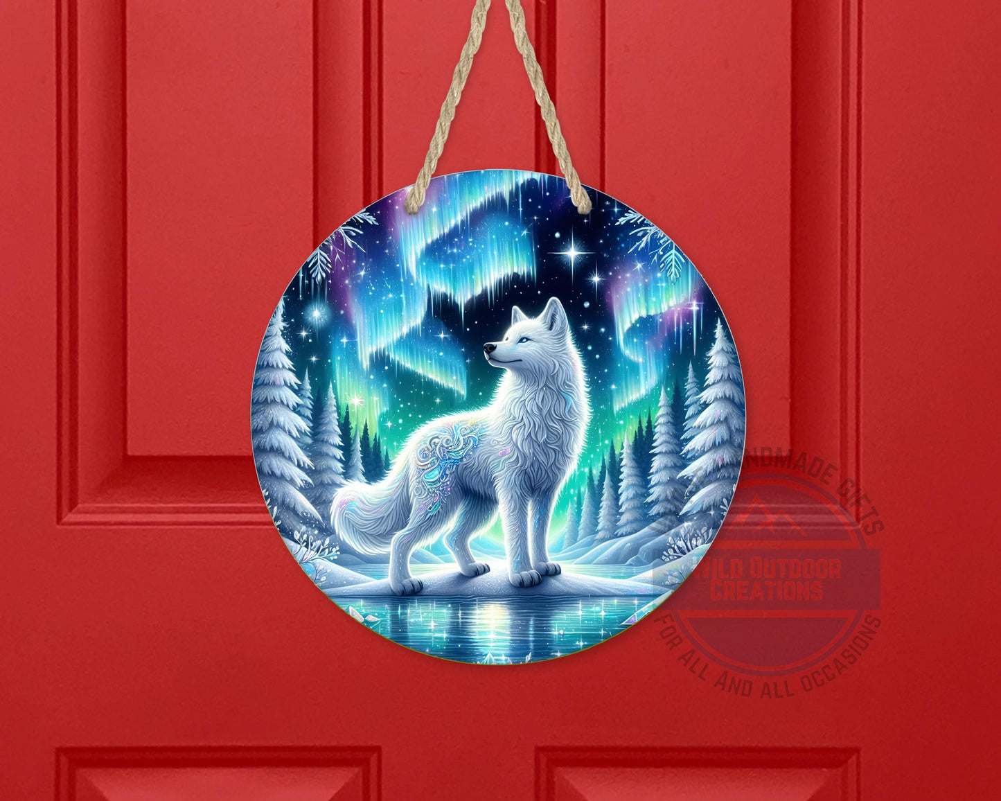 Wolf Door Hanger - Northern Lights Art | Rustic Cabin Sign, Outdoor Decor