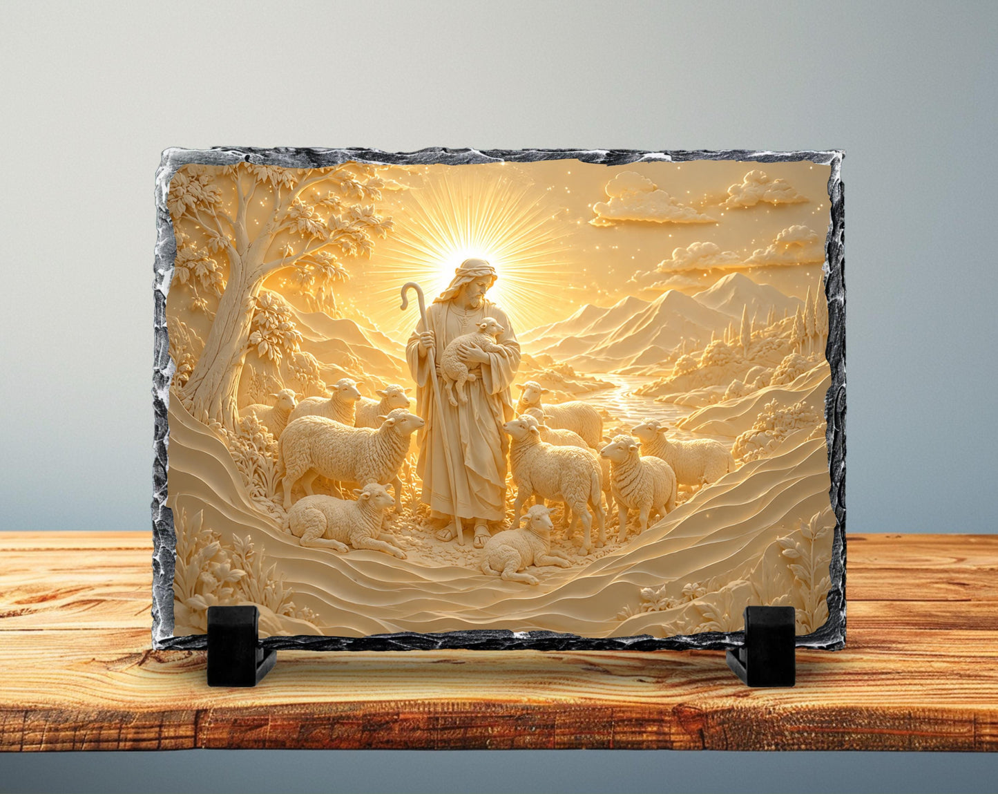 a stone carving of a shepherd tending to his flock, with a sunlit landscape in the background.