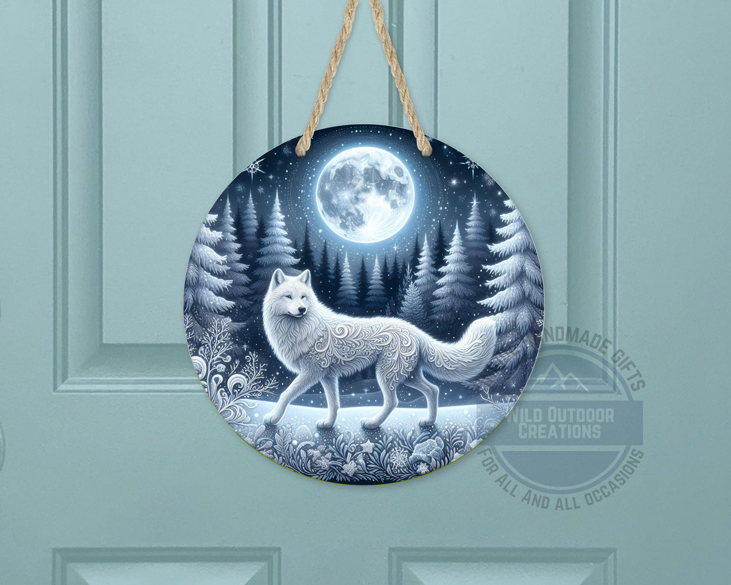 Wolf Door Sign - Rustic Outdoor Decor Full Moon Night with White Wolf Art