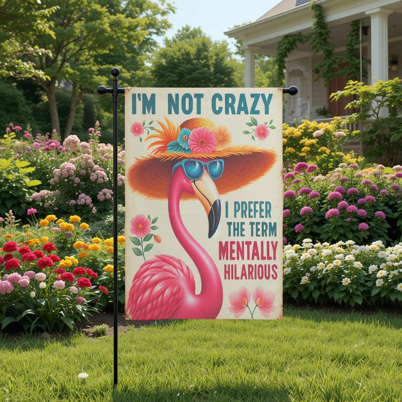 Funny Flamingo Flag – Sassy Garden Decor With Mentally Hilarious Pink Flamingo Design - gift presentation view