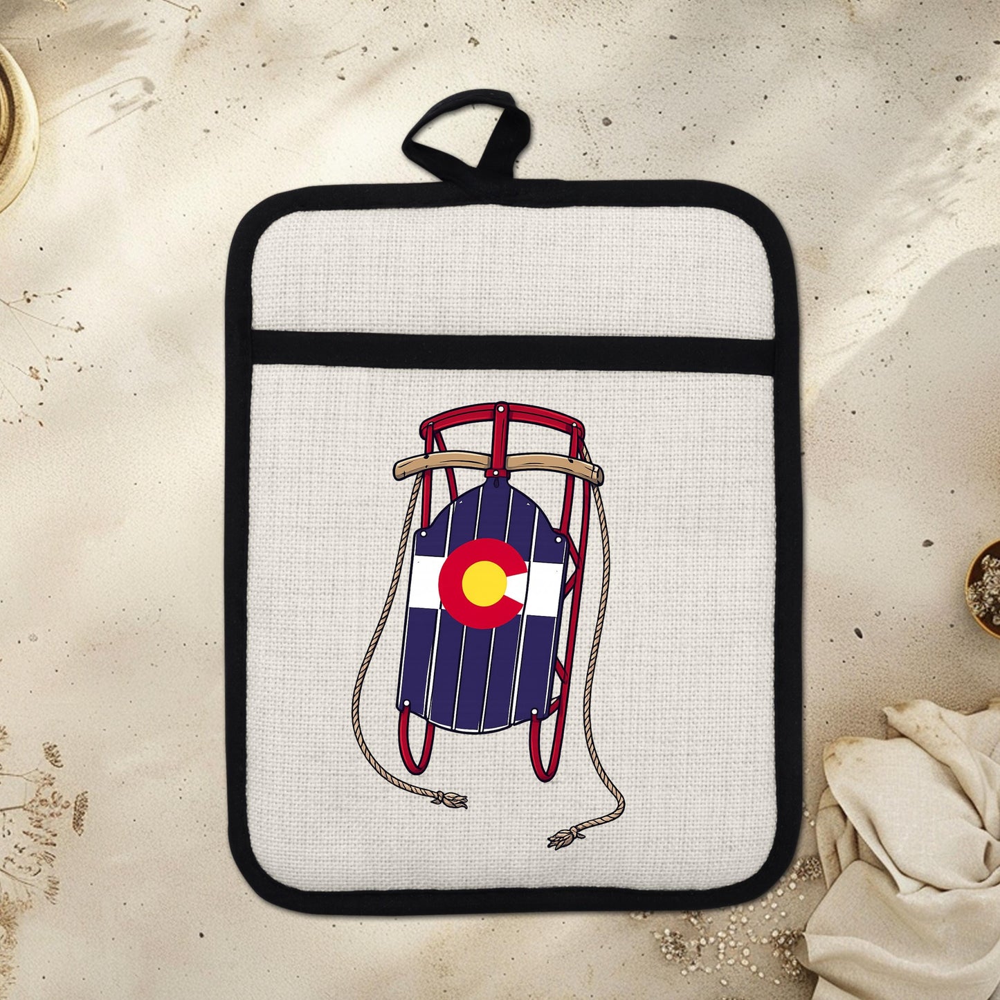 Colorado Sled Pot Holder - Linen Pot Holder with Silicone Back Trivet, Heat Resistant Oven Mitt