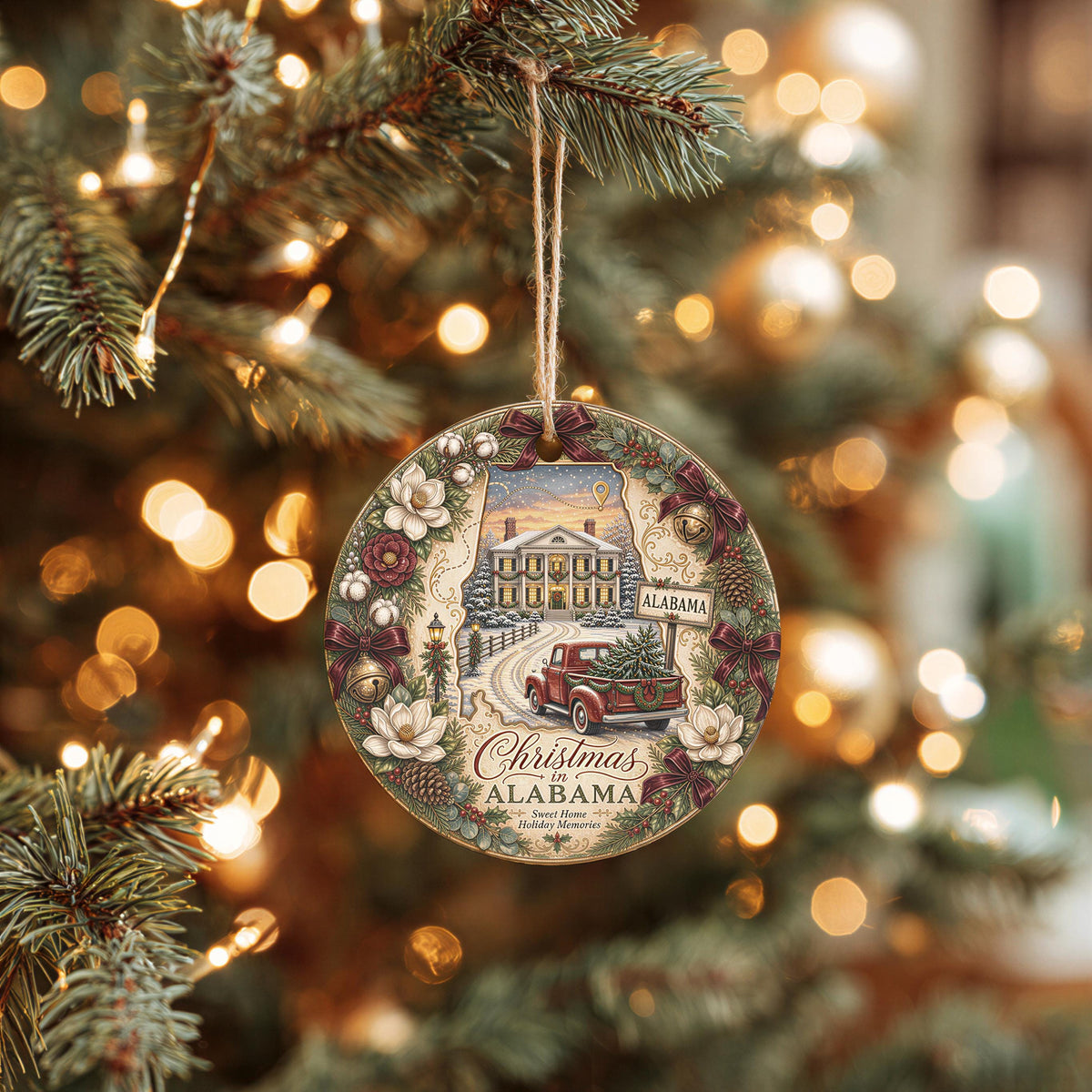 Alabama Christmas Ornament, Vintage Red Truck, Mansion Scene | Ceramic 3 Inch Double-Sided