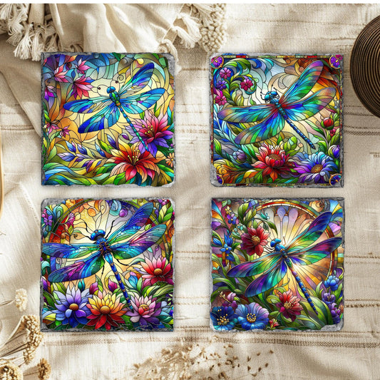 Colorful Dragonfly Slate Coaster Set - 4 Fractured Edge Coasters Perfect Decorative Gift for Nature and Bird Lovers