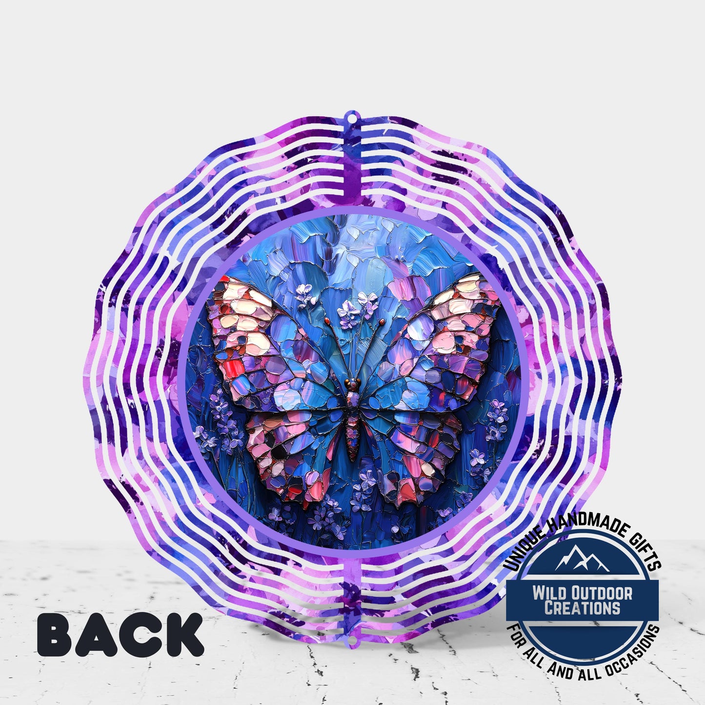 Butterfly Wind Spinner - Double Sided Mosaic Style Spinner, Purple Blue, 10 Inch Aluminum - product dimensions and specifi...