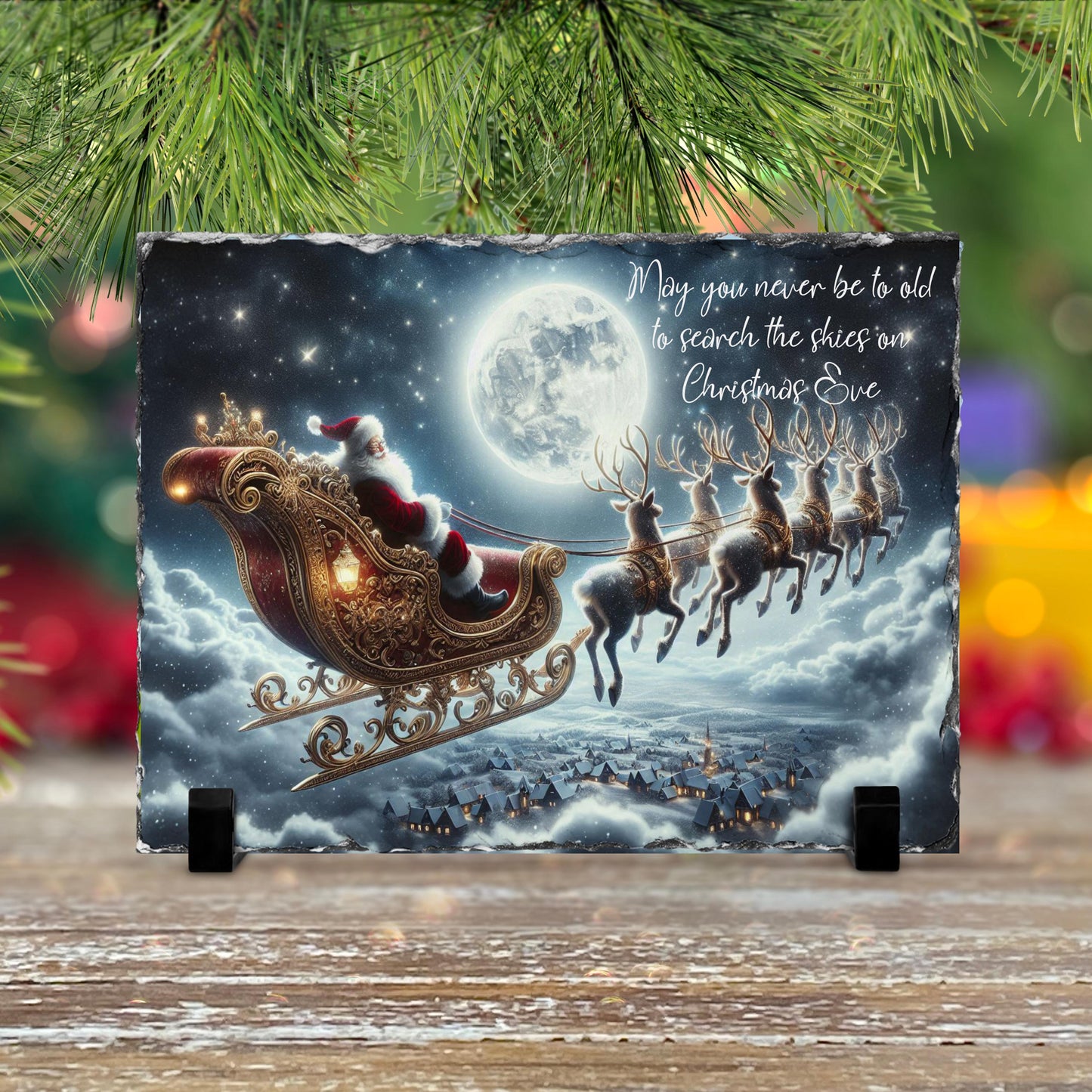 Handcrafted Holiday Slate Art with Santa  Reindeer  Full Moon Scene for Festive Home Decor