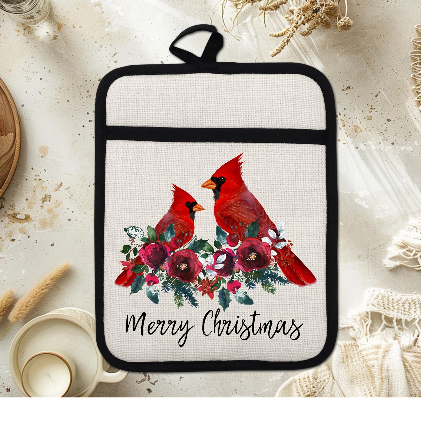 Christmas Cardinal Pot Holder with Two Red Birds on Floral Border - Linen Hot Pad for Holiday Gifting