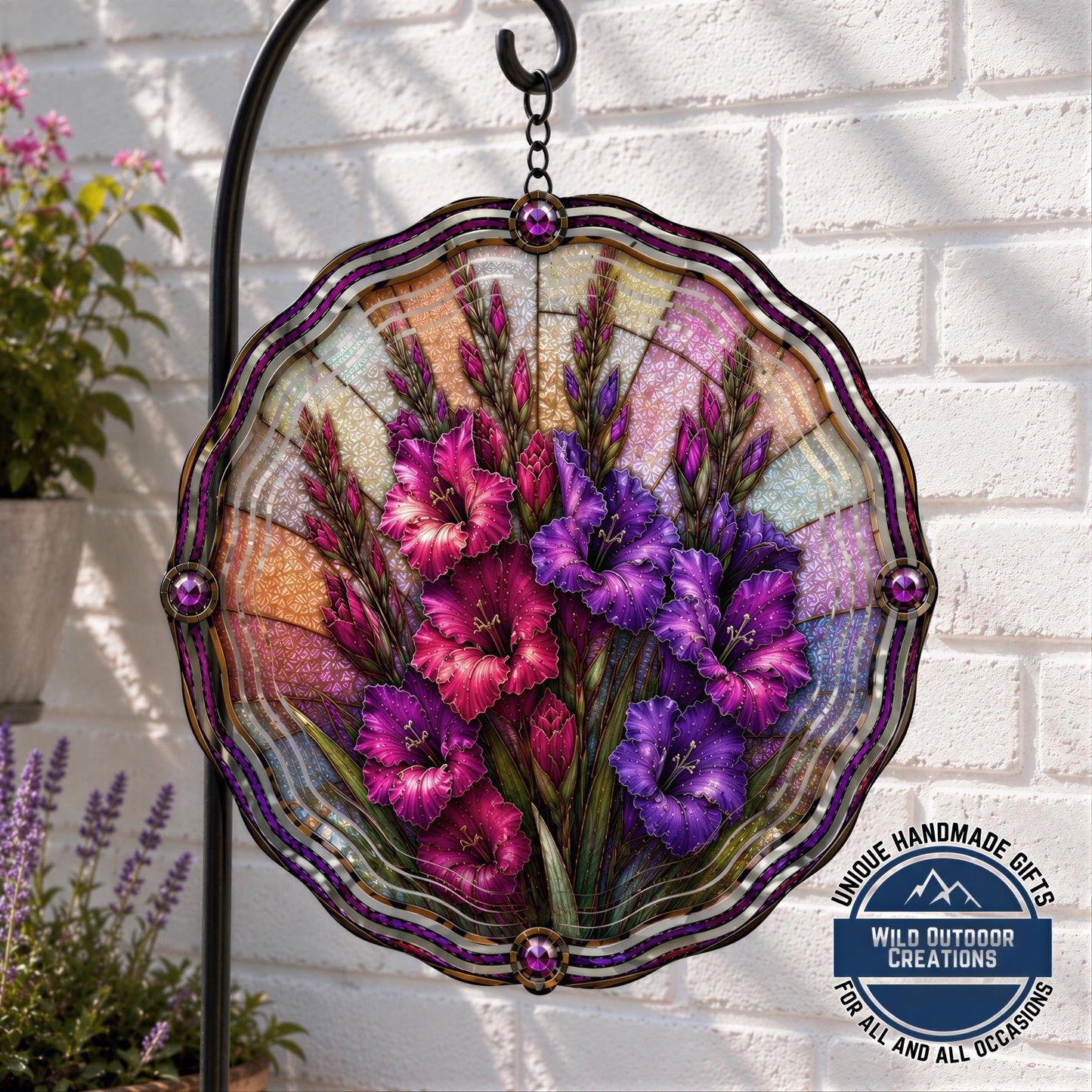 August Birth Flower Gladiolus Wind Spinner 10 Inch Faux Stained Glass Metal Garden Decor