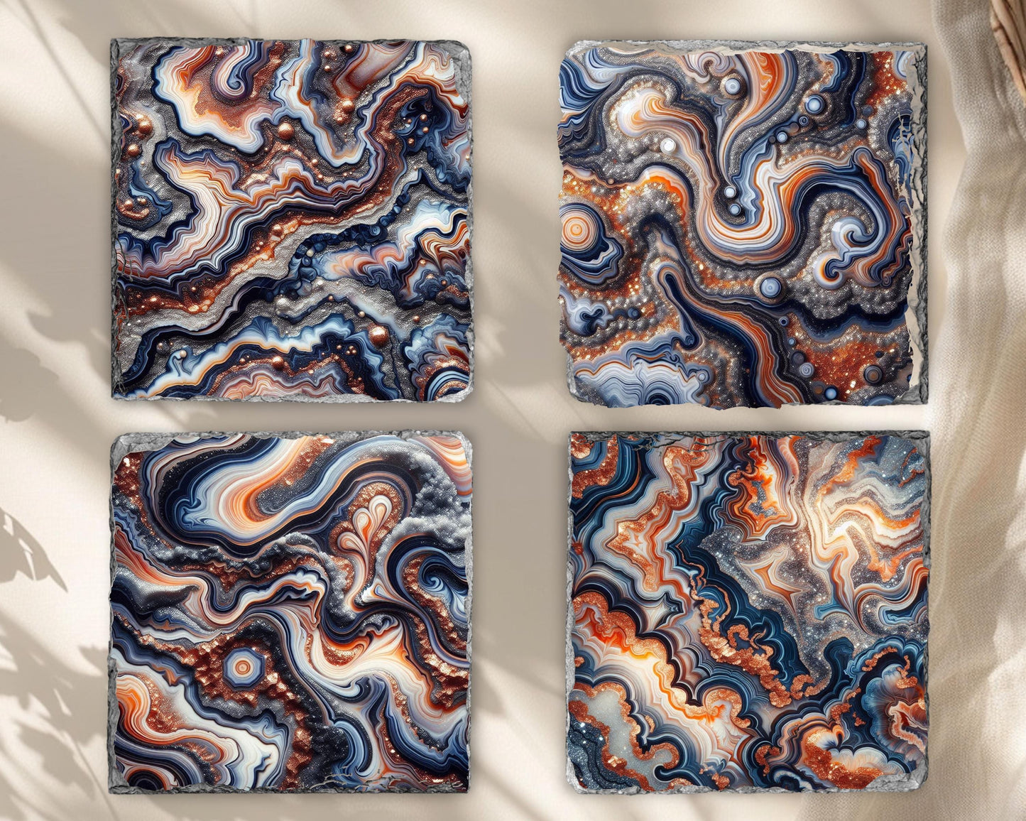 Blue Orange Silver Glitter Agate Coaster Set of 4 - Fractured Edge Boho Drinkware for Housewarming Gifts