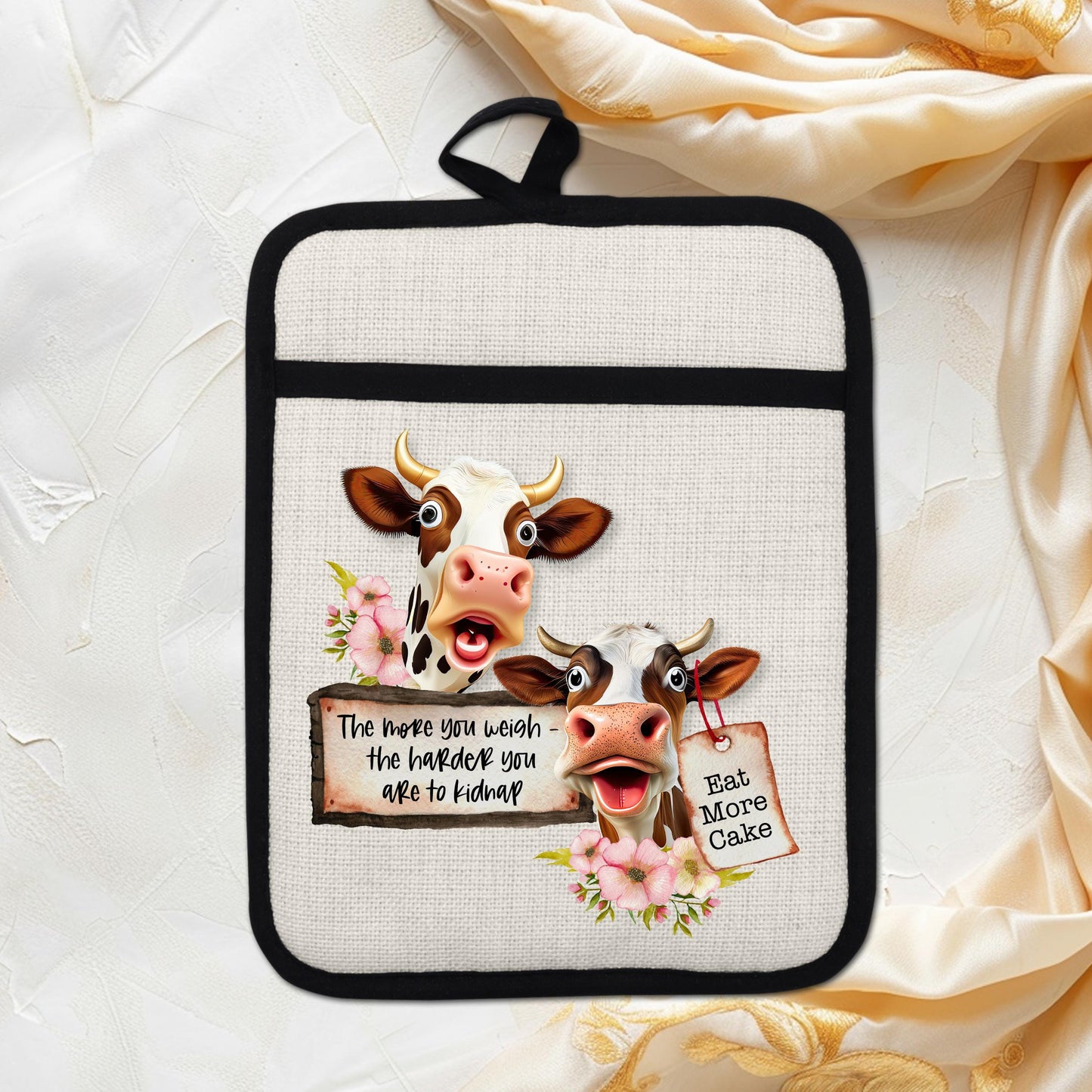Funny Cow Pot Holder with Floral Design  Cake Quote - Charming Farmhouse Kitchen Gift