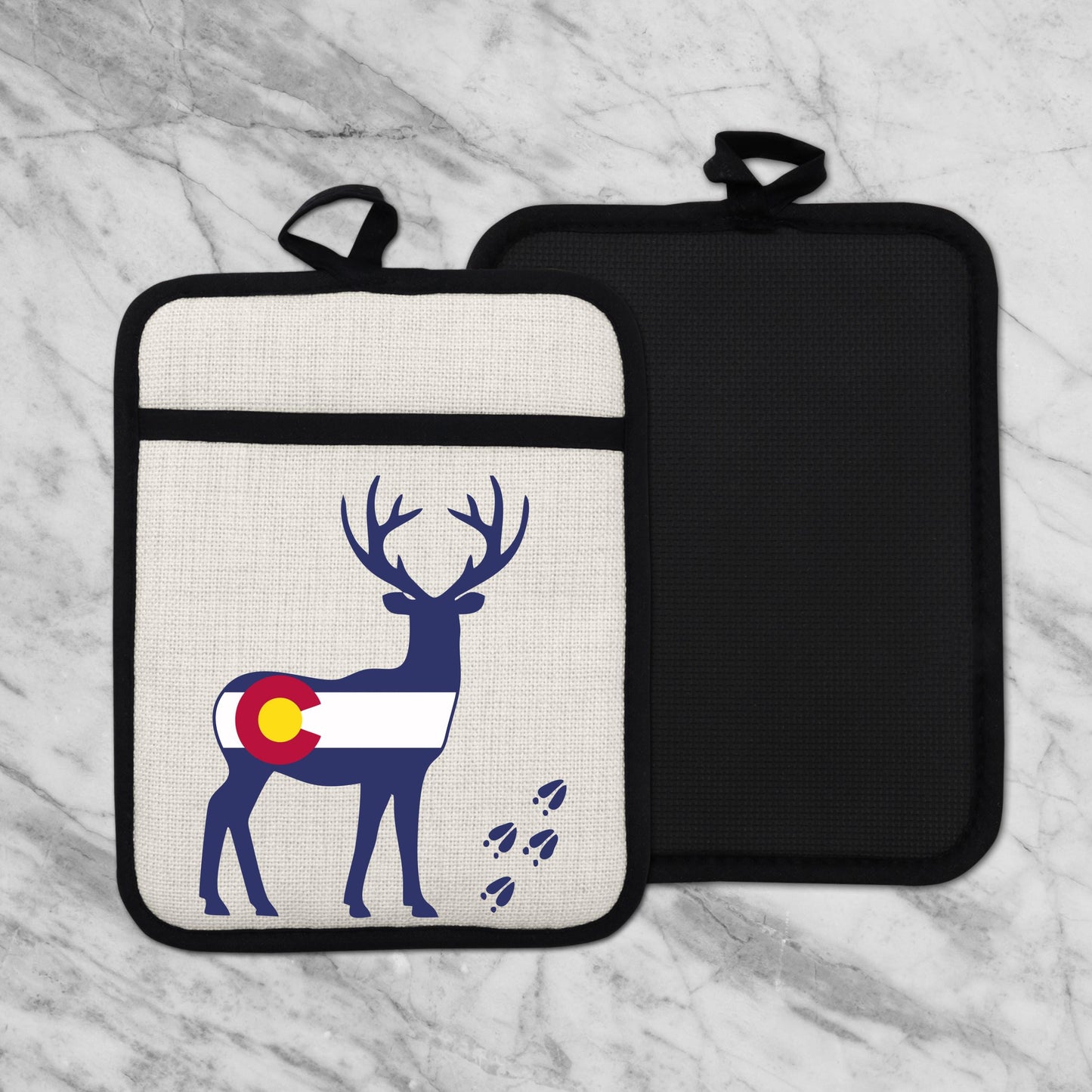 Colorado Deer Pot Holder - Linen Fabric, Silicone Back Trivet with Pocket Grip