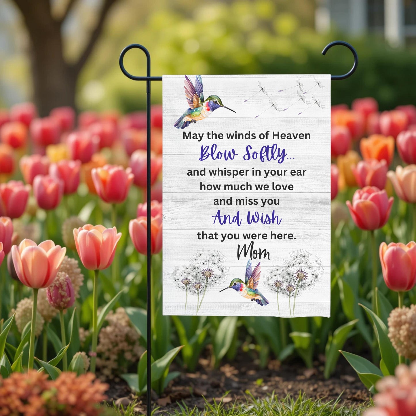 Personalized Garden Flag – Hummingbird Memorial Double Sided 12x18 UV Protected - outdoor setting