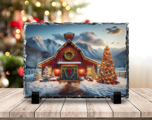 Rustic Slate Wall Art - Snowy Barn and Tree Farmhouse Christmas Decor Gift